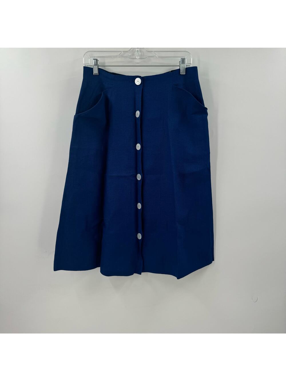 Vintage Midge Grand blue linen button down mother of pearl buttons midi skirt